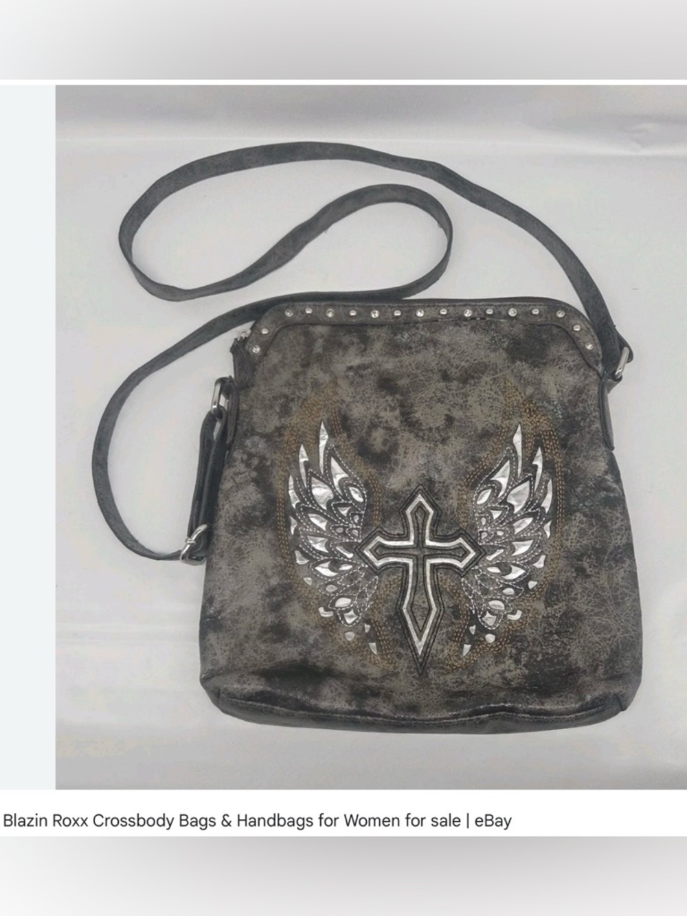 Blazin Roxx Distressed Gray Crossbody Bag with Winged Cross